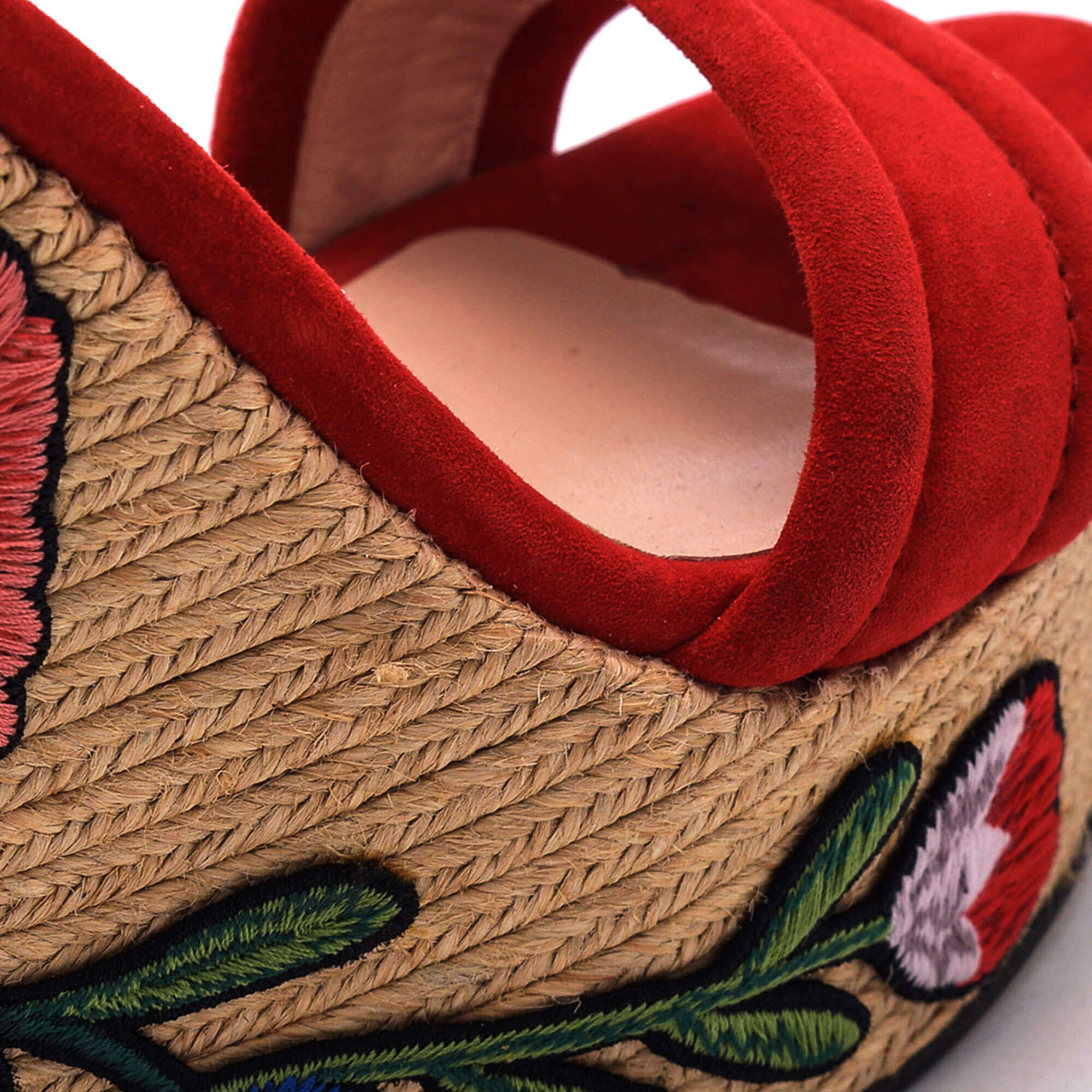 Gucci - Red Suede Floral Embroidered Ankle Strap Espadrille Wedge Sandals